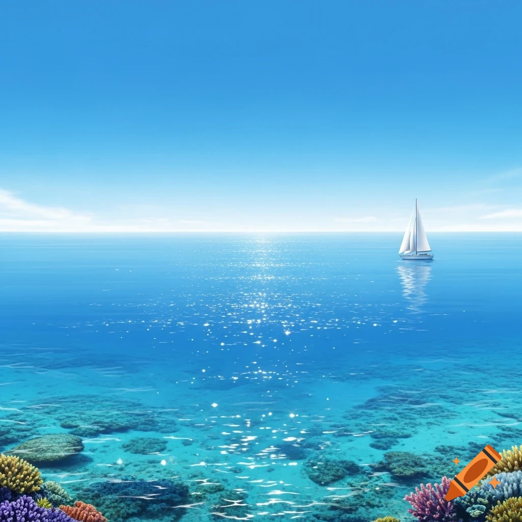 A white sailboat sails on a sparkling blue ocean under a clear sky, with colorful coral reefs visible beneath the surface.