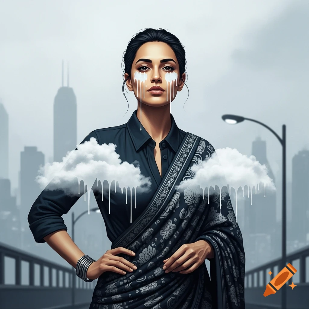 A stylish Indian woman with white drips on her face and clouds on her torso, standing in a city with skyscrapers.