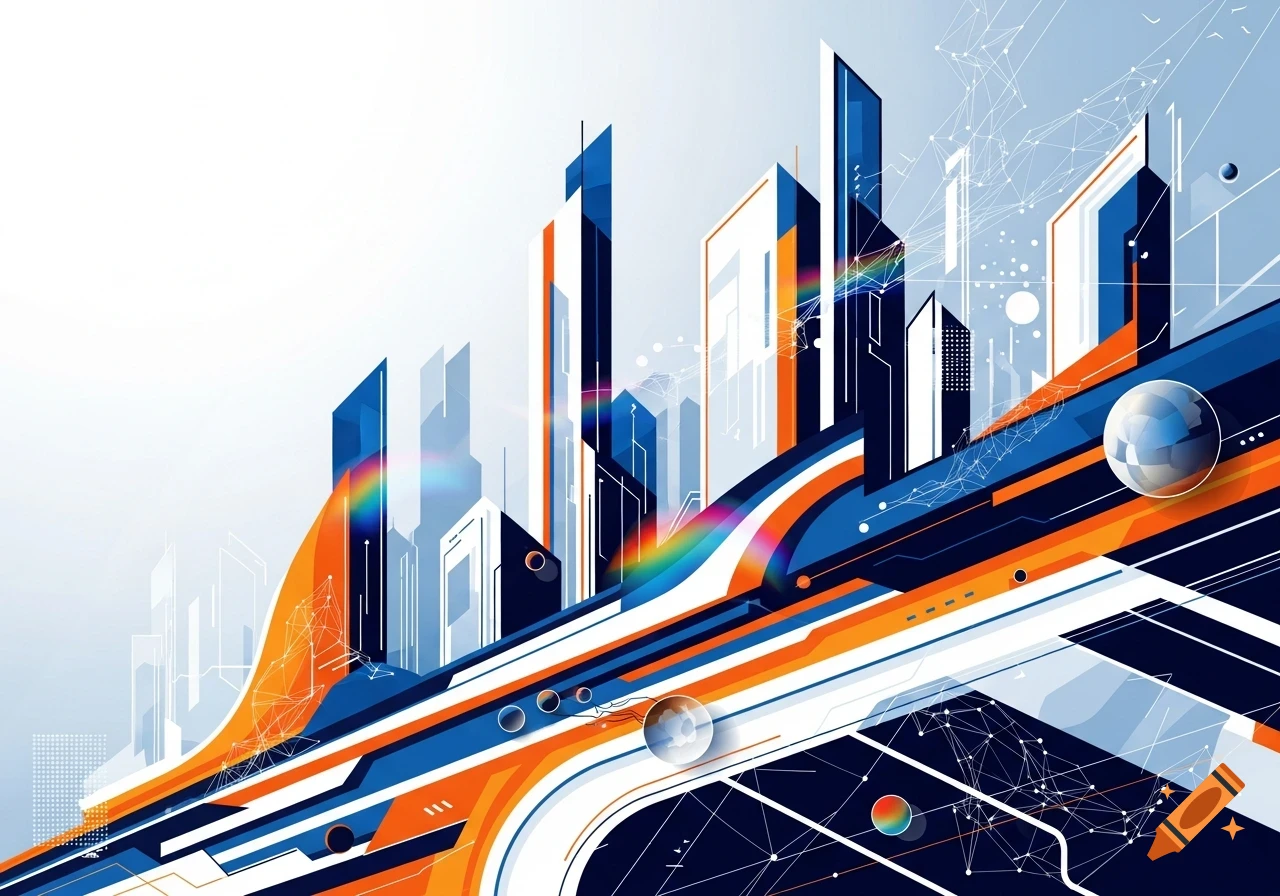 Abstract futuristic cityscape illustration with geometric buildings, lines, and spheres in blue, orange, and white tones.