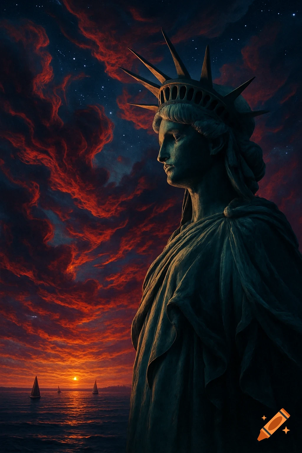 The Statue of Liberty in profile, with a vivid red and dark blue cloudy sky filled with stars, overlooks water with sailboats at sunset.