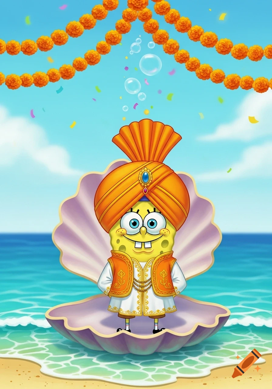 Spongebob Squarepants in a golden turban and a white and orange traditional Indian sherwani, standing in a seashell on a beach under marigold garlands.