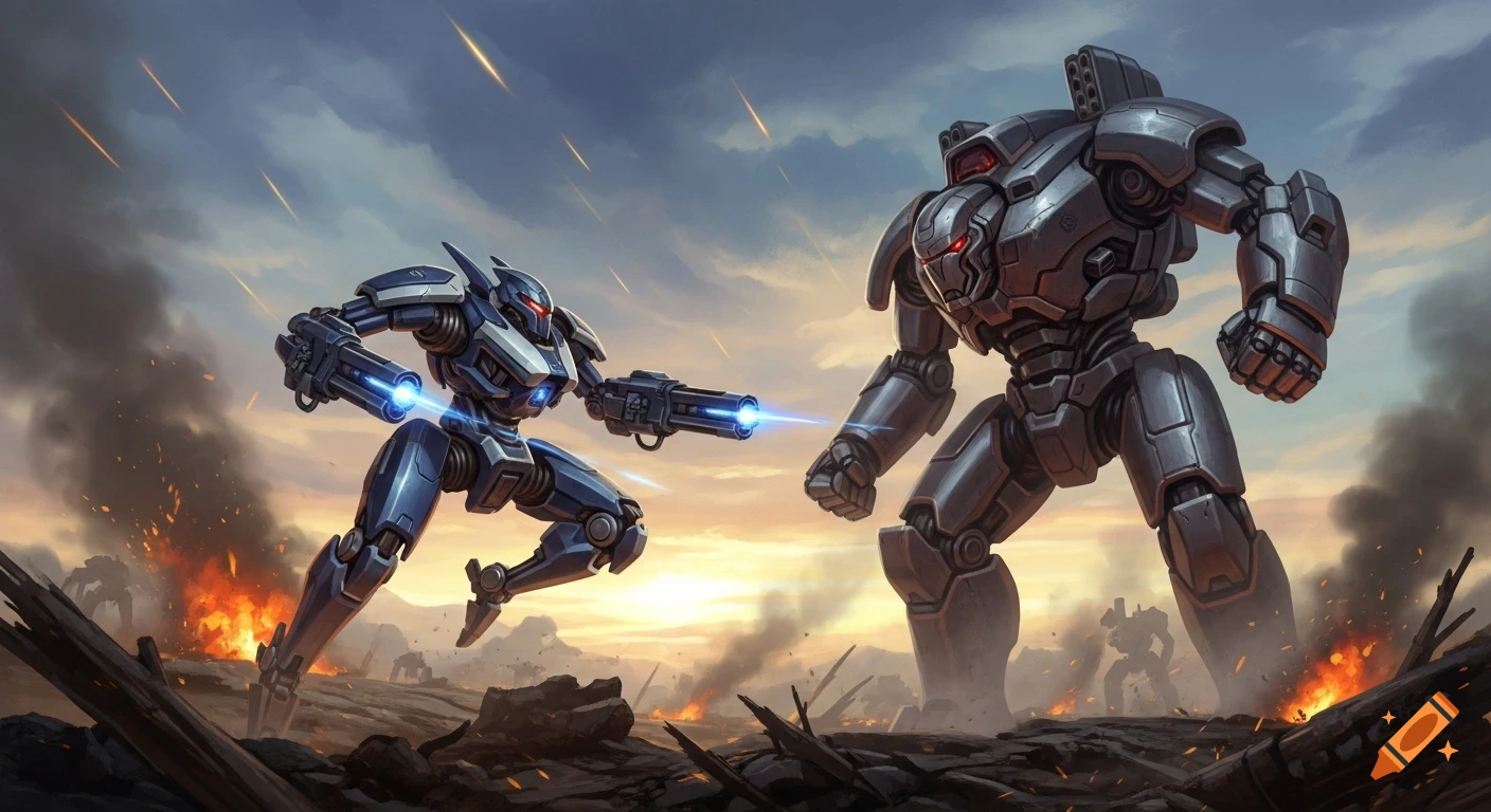 A blue sci-fi robot with a glowing gun confronts a larger grey mech on a smoky, fiery battlefield at sunset, concept art style.