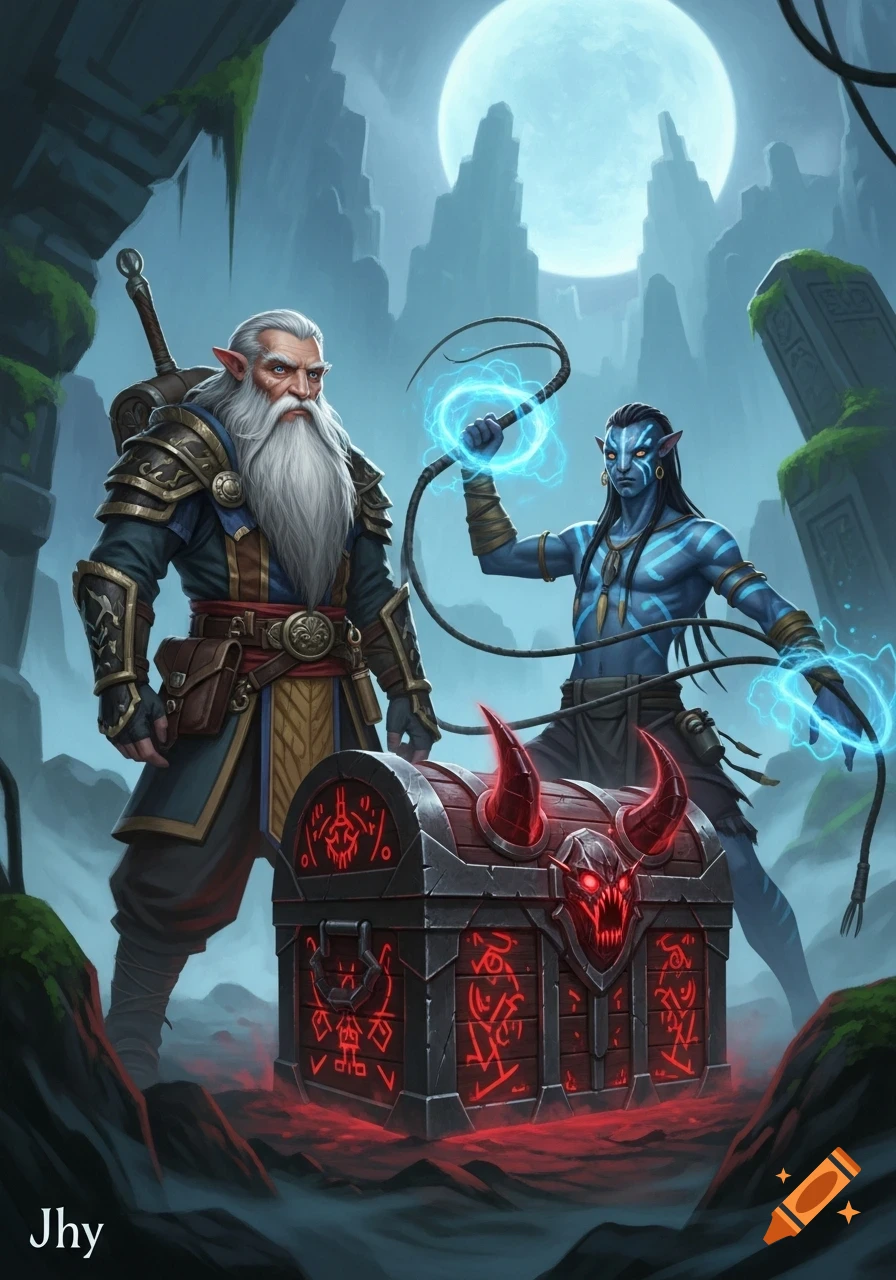 A white-bearded man and a blue-skinned creature with glowing whips stand beside a demonic treasure chest in a misty, moonlit ruin.