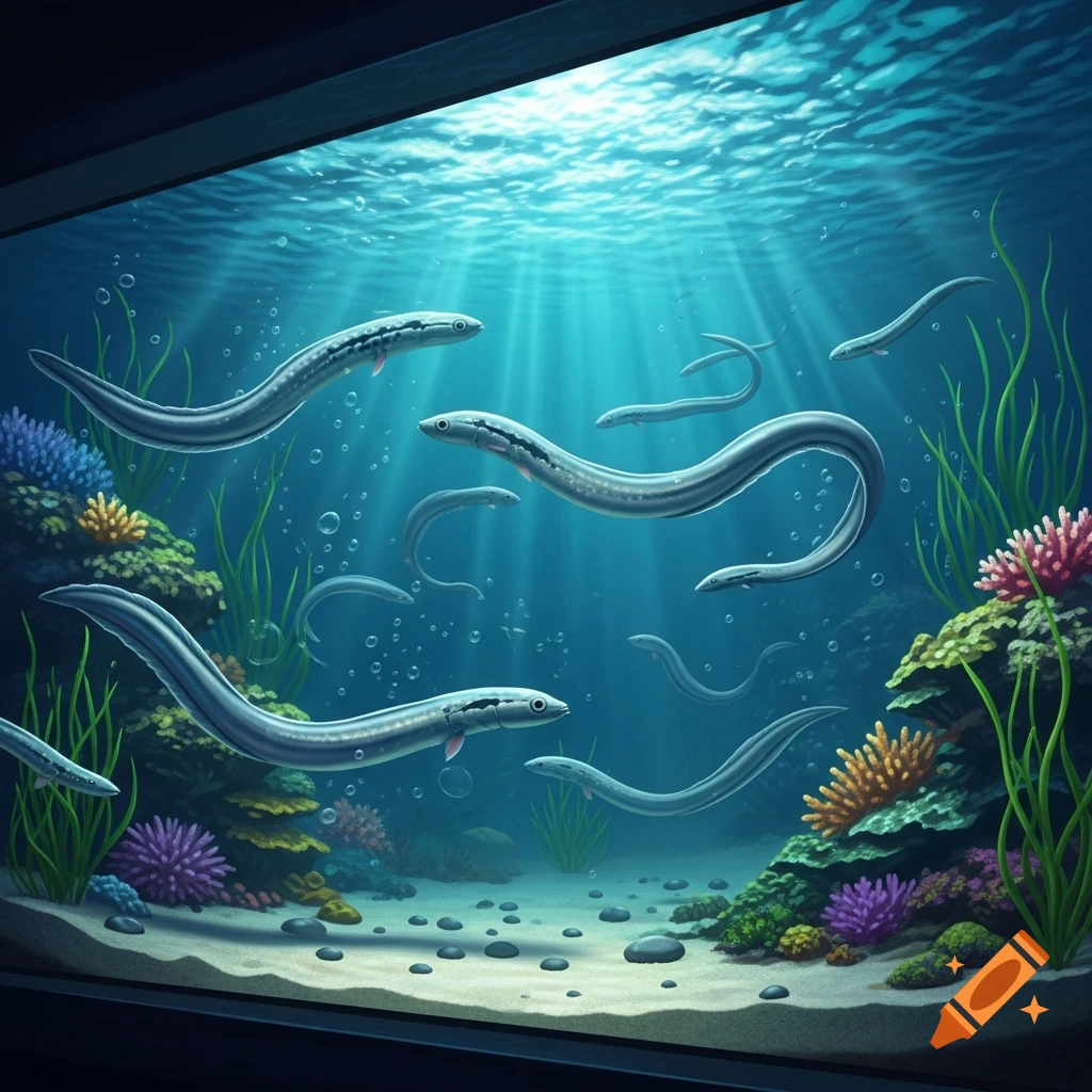 Lamprey-like eels swim in a vibrant blue aquarium, with sun rays piercing through the water onto colorful coral and sand.