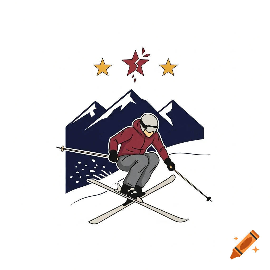 A stylized vector illustration of a skier on mountains, with crossed skis, two golden stars, and one broken red star.