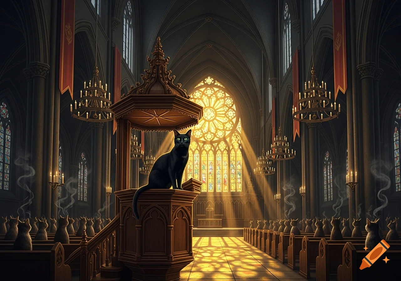 A black cat with green eyes sits on a grand wooden pulpit in a large, sunlit gothic church, facing an audience of silhouetted cats in the pews.