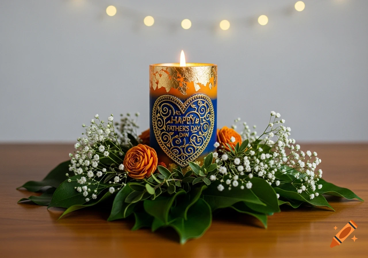 A decorative candle for Father's Day, featuring "HAPPY FATHER'S DAY DAN" text, surrounded by orange roses and baby's breath on a wooden table.