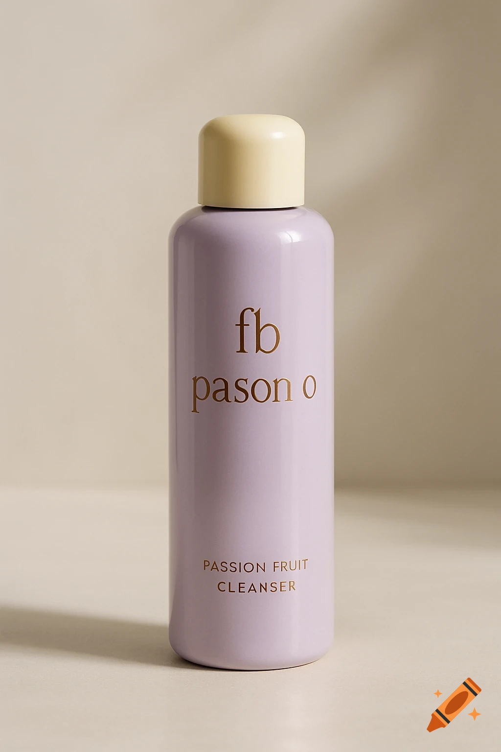 A minimalist product shot of a light lavender bottle with a cream-colored cap, featuring gold text that reads "fb pason o" and "PASSION FRUIT CLEANSER".