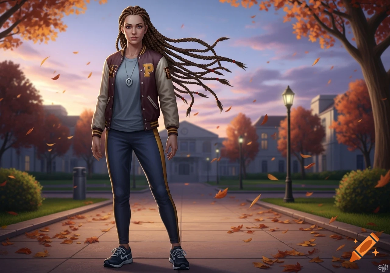 A woman with long braided hair wearing a college jacket stands on a path covered in autumn leaves at sunset.