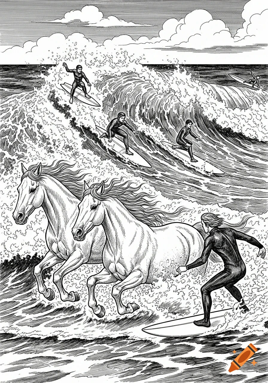 Black and white drawing of surfers riding waves alongside two white horses galloping through the water.