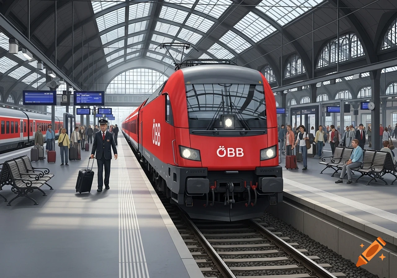 A red ÖBB train at a busy station platform under a glass roof, with passengers waiting and walking. Photorealistic.