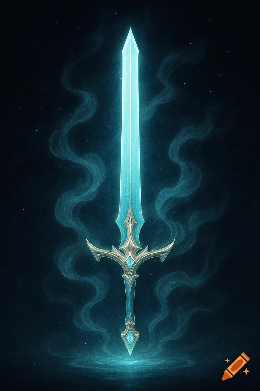 A vibrant light cyan glowing fantasy sword with an ornate hilt stands against a dark, starry background with faint mist, digital art.