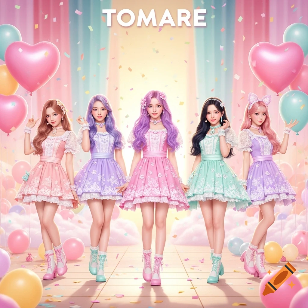 Five anime-style girls in pastel dresses pose with balloons and confetti, with 'TOMARE' written above.