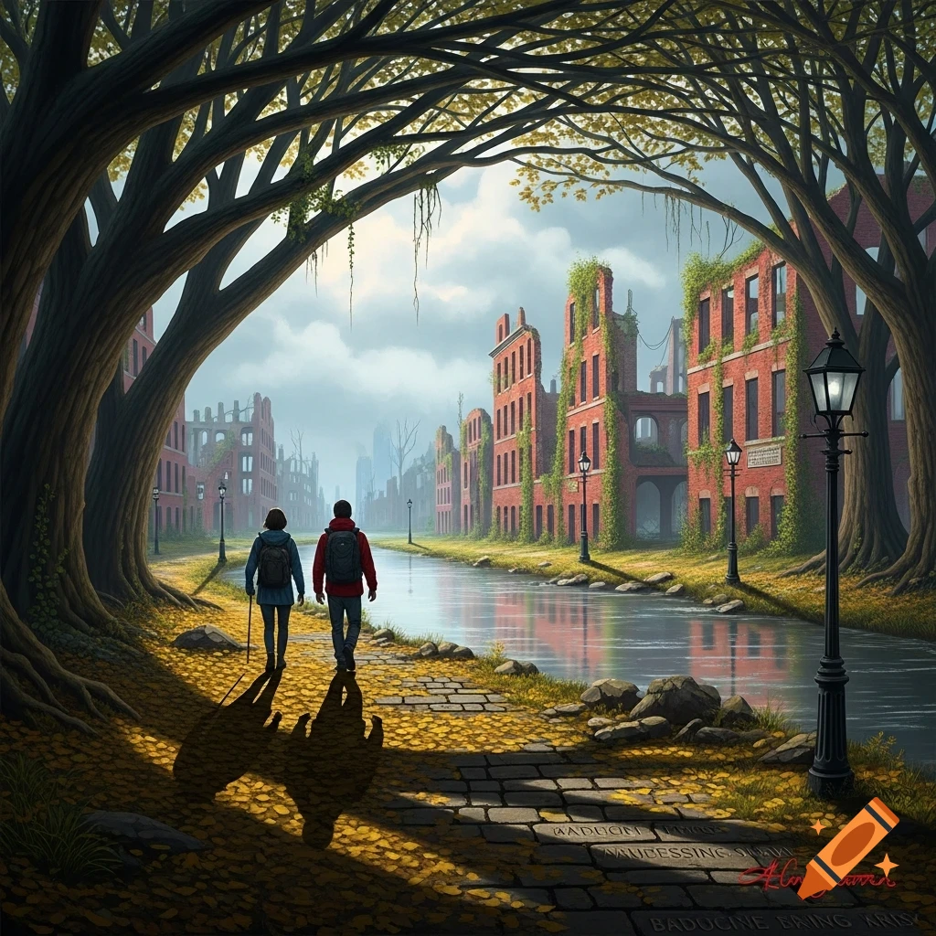 Two people walk along a cobblestone path next to a canal, framed by large trees. Ruined, vine-covered red brick buildings line the far side of the canal under a cloudy sky in this atmospheric, post-apocalyptic scene.