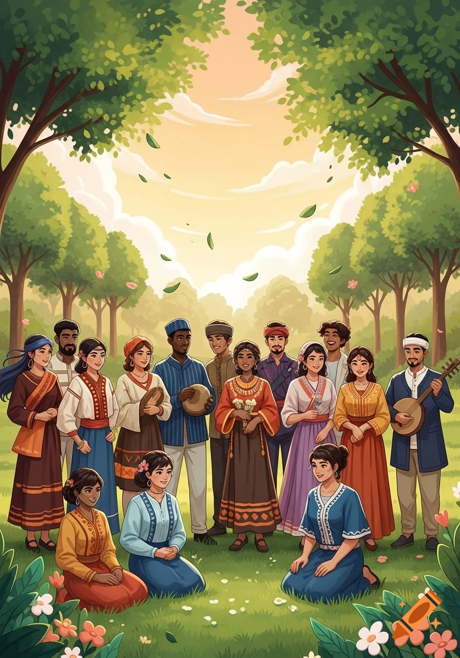 A diverse group of people in colorful traditional attire stand and kneel in a green park with trees, in an illustrated style.