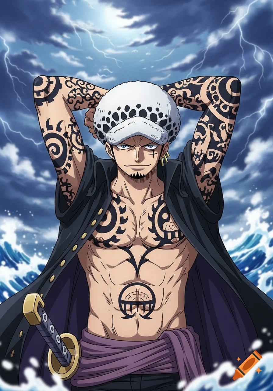 Anime illustration of Trafalgar Law, shirtless with intricate tattoos, hands behind his head, against a stormy sky and rough seas.