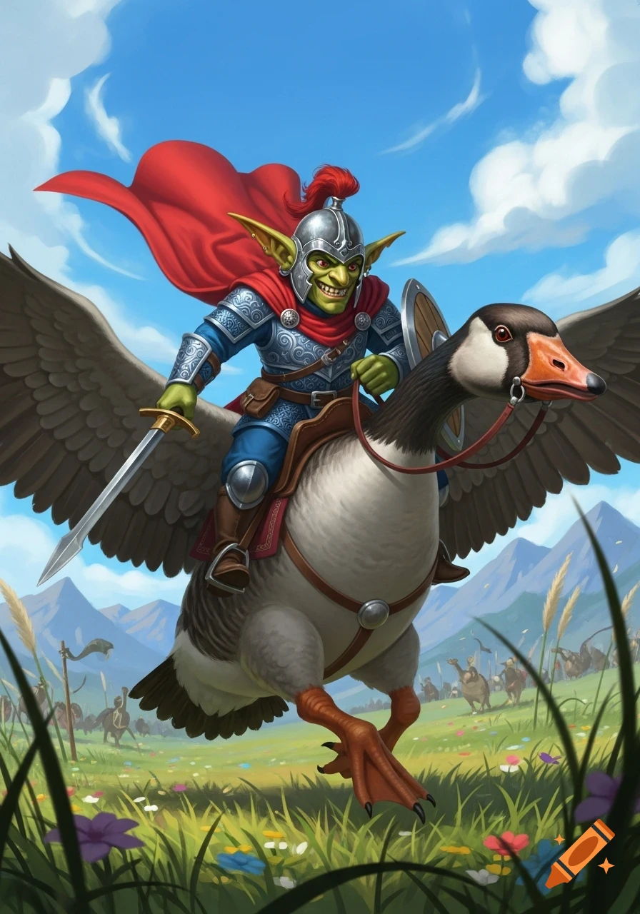 A grinning goblin warrior in armor with a red cape rides a large goose into battle across a grassy field under a blue sky.