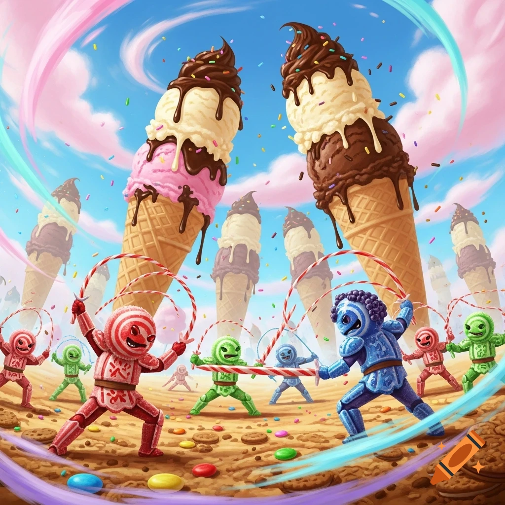 Vibrant, whimsical illustration of anthropomorphic candy characters battling giant ice cream cones in a colorful dessert landscape.