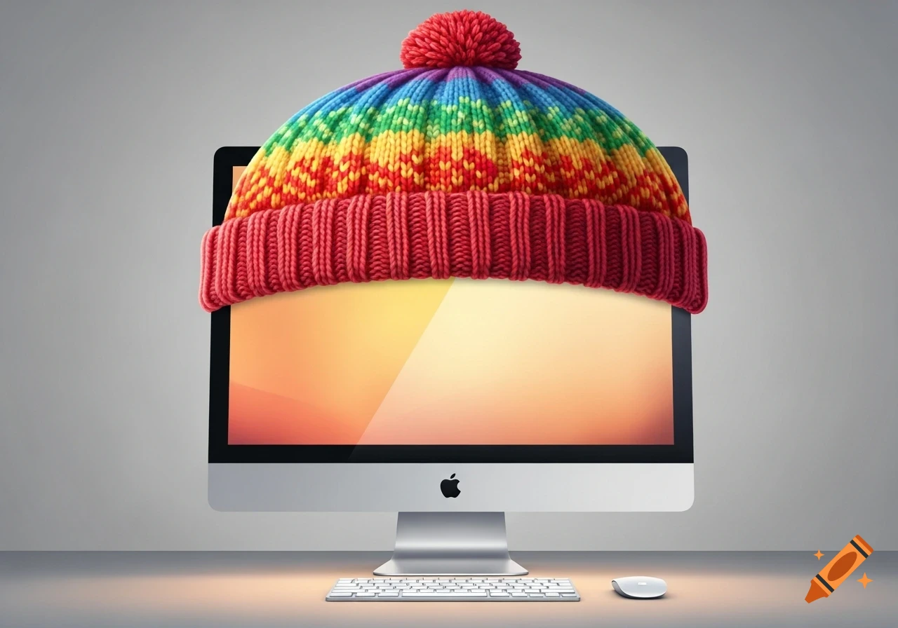 An Apple iMac desktop computer wears a colorful rainbow-striped knit beanie hat with a pompom.