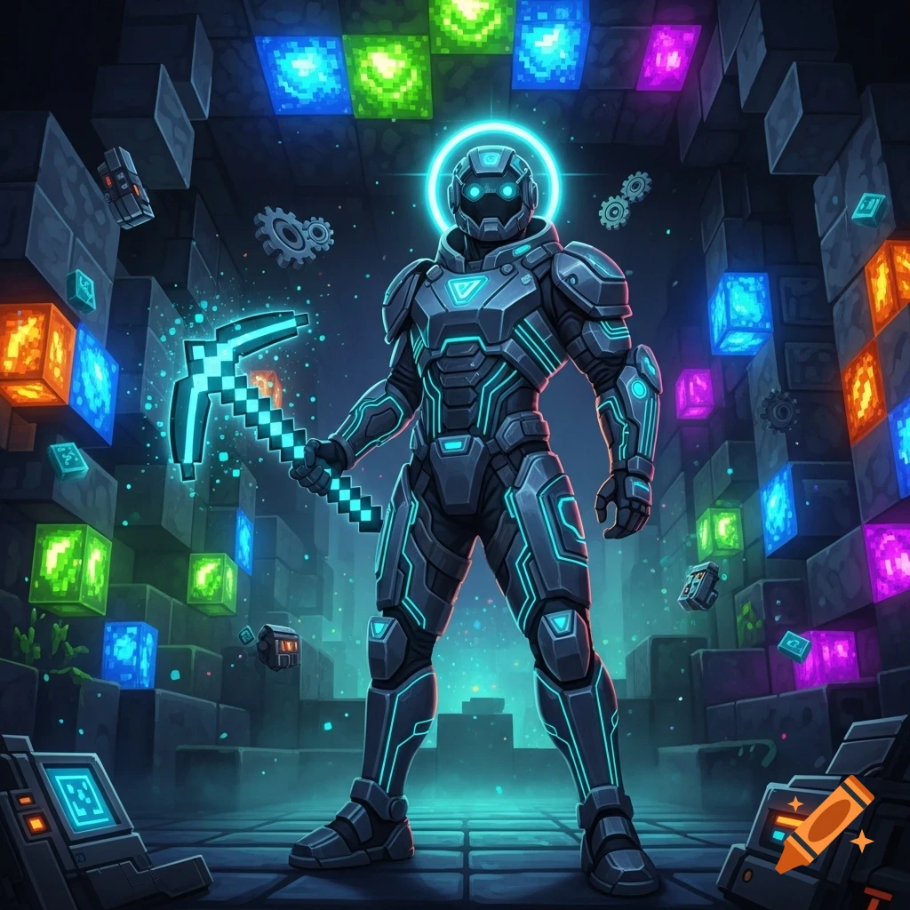 A futuristic armored figure holds a glowing pixelated pickaxe in a dark, blocky environment with colorful glowing cubes, digital art style.