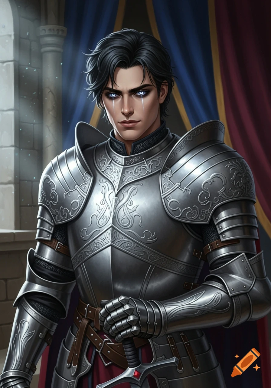 Realistic fantasy art portrait of a young knight with dark hair and glowing blue eyes, wearing ornate silver armor and holding a sword.