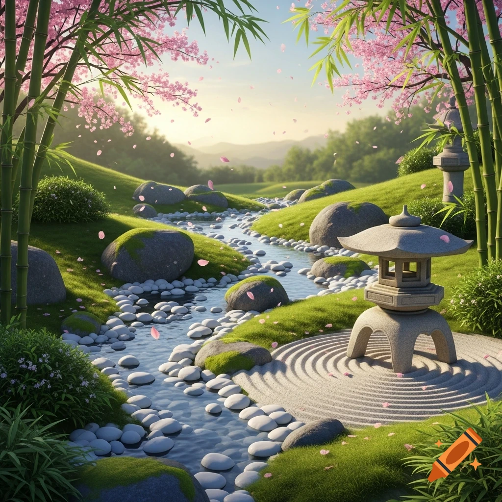 A serene Japanese garden with a stream flowing through green hills, dotted with white pebbles, pink cherry blossoms, bamboo, and a stone lantern.