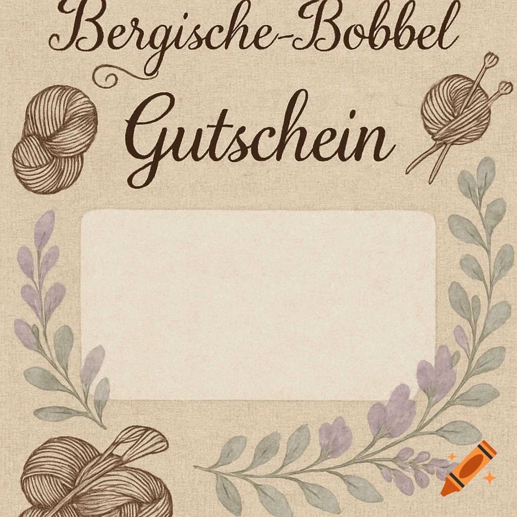 Gift voucher for Bergische-Bobbel with script text, yarn balls, and watercolor leaves on a textured background.