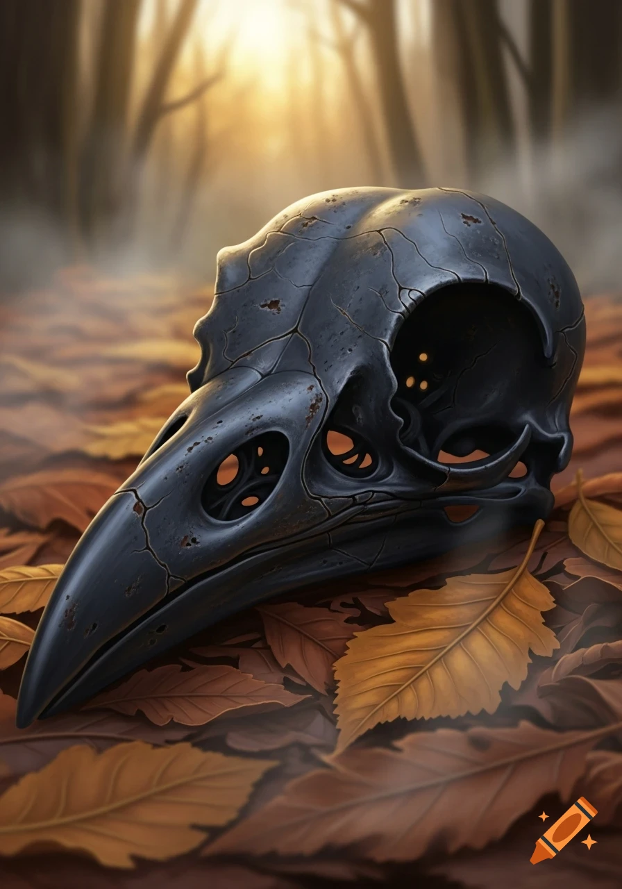 Detailed black raven skull with cracks on autumn leaves in a sunlit forest, digital painting.