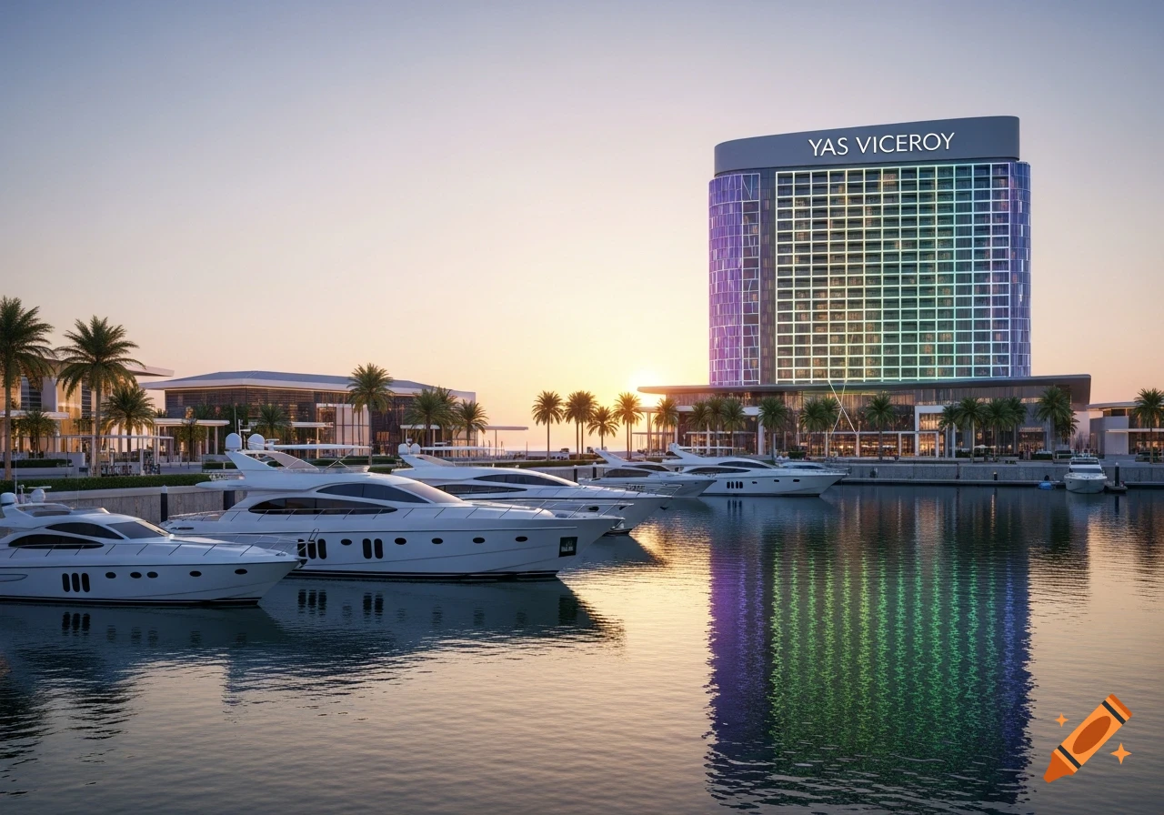 A modern hotel building with colorful lights overlooking a marina filled with luxury yachts at sunset.