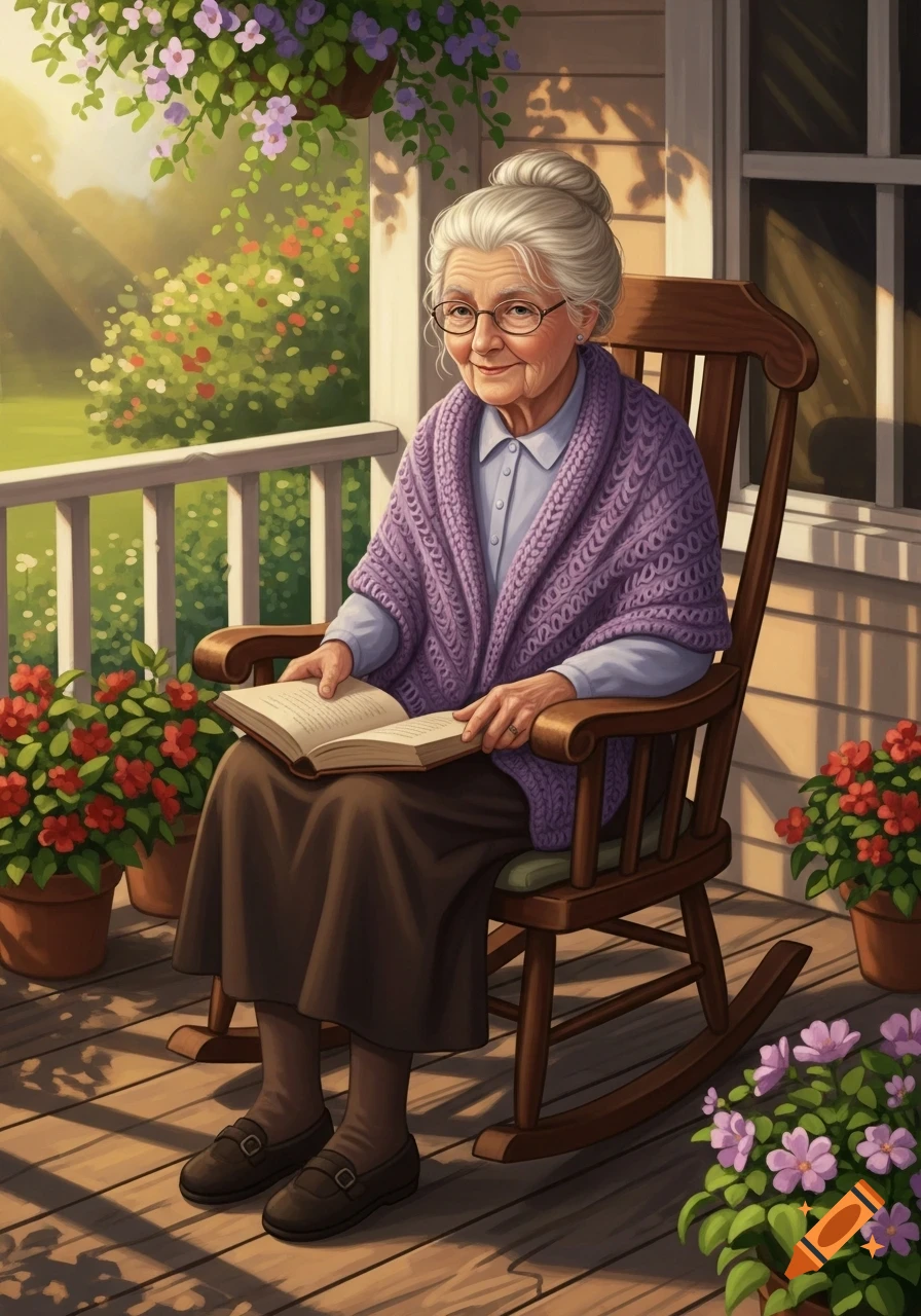 An elderly woman with white hair and glasses, wearing a purple shawl, reads a book in a rocking chair on a sunlit porch with flowers.