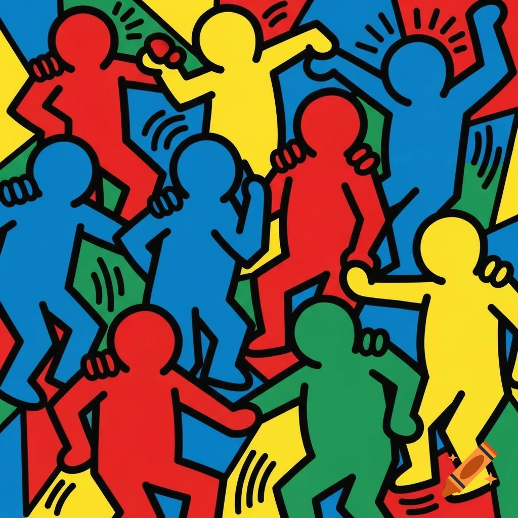 Vibrant Keith Haring-style illustration of interconnected, simplified dancing figures in red, yellow, blue, and green with bold black outlines.