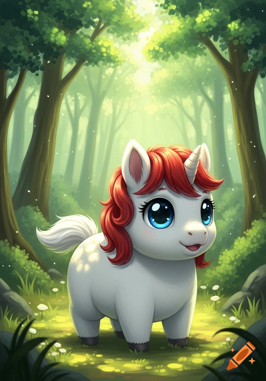 A cute, round, white unicorn with red mane and big blue eyes stands in a vibrant, lush green forest, cartoon style.