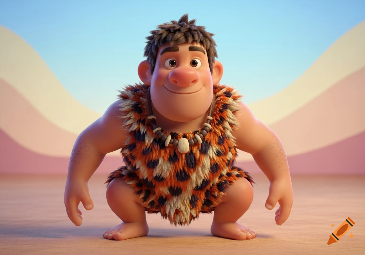 A friendly 3D cartoon teenage caveman with messy hair, wearing fur clothing and a beaded necklace, squatting.
