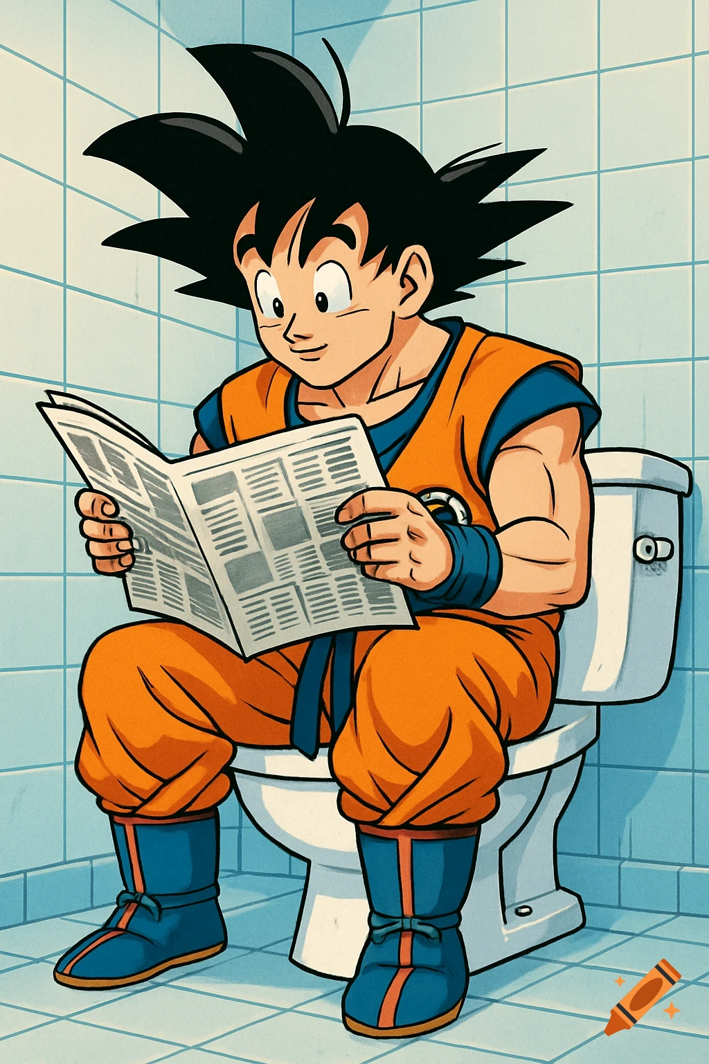 Goku sits on a toilet in a tiled bathroom, fully clothed, reading a newspaper in a cartoon style.