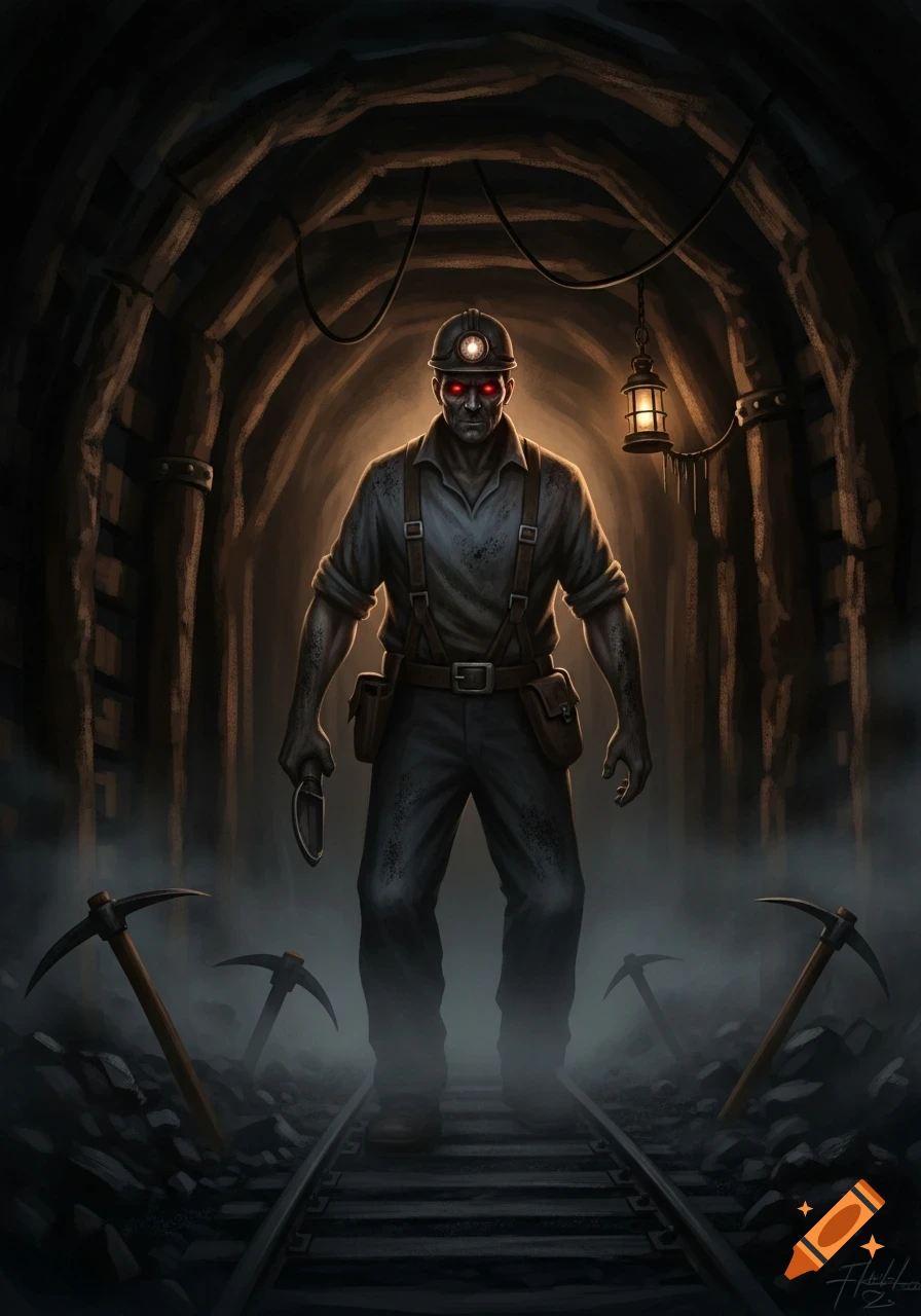 A dark, ominous illustration of a ghostly coal miner with glowing red eyes standing in a foggy mine shaft with pickaxes.