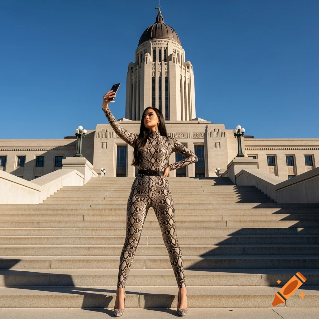 A woman in a snakeskin jumpsuit takes a selfie on the steps of the Nebraska State Capitol building.