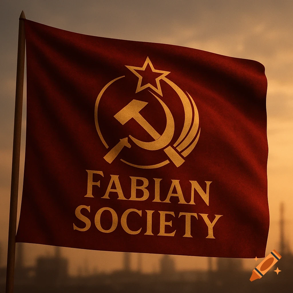 A dark red flag with a golden hammer and sickle symbol and 'FABIAN SOCIETY' text, waving against a sunset sky over a city silhouette.