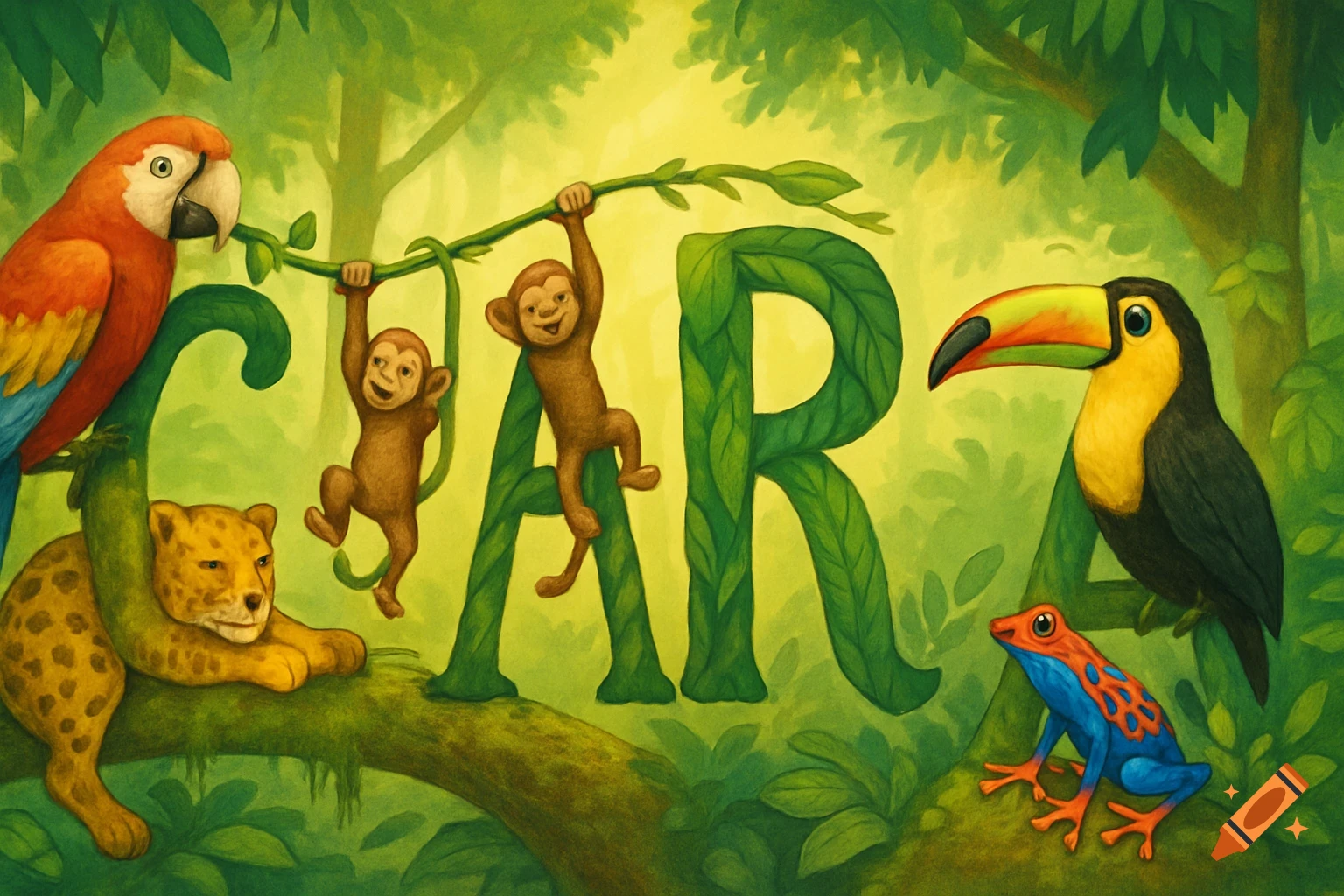 Colorful illustration spelling 'CLARA' with jungle animals: a parrot, jaguar, monkeys, toucan, and frog, in a lush rainforest.