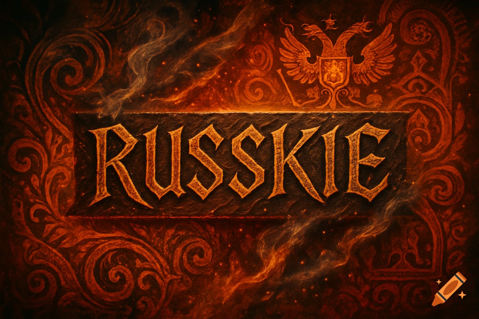 Ornate gold text 'RUSSKIE' with a double-headed eagle crest on a dark, fiery, tribal-style background.