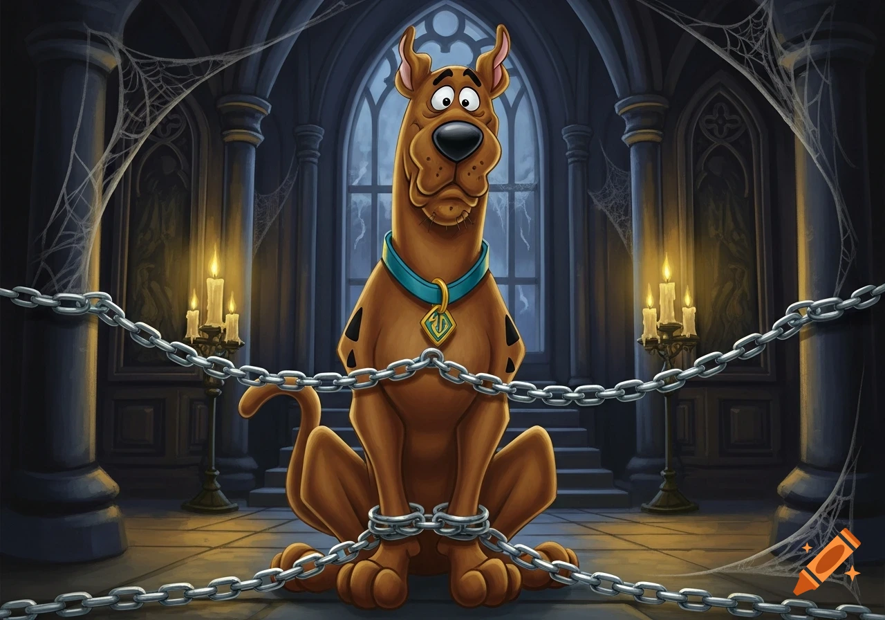 Scooby Doo, a brown cartoon dog, sits chained in a spooky gothic hall with candelabras and spiderwebs.