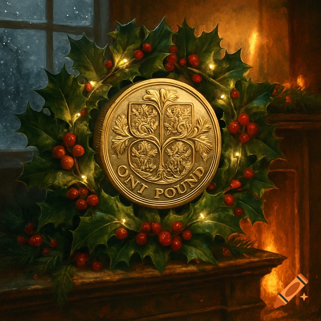 A gold coin centered in a holly wreath with red berries and string lights, set against a snowy window and warm fireplace.