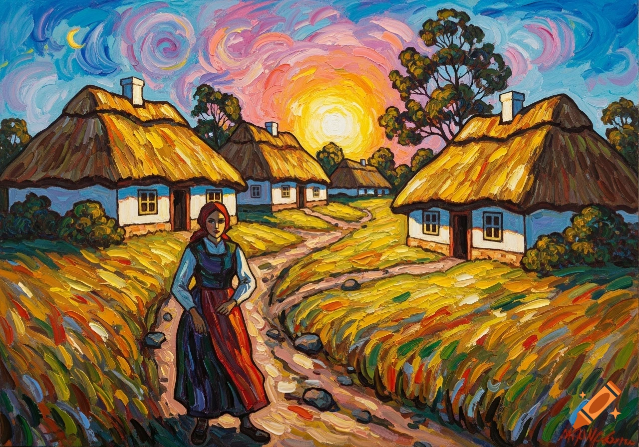 Expressionist oil painting of a woman on a winding path through a vibrant rural village with thatched houses under a colorful sunset.