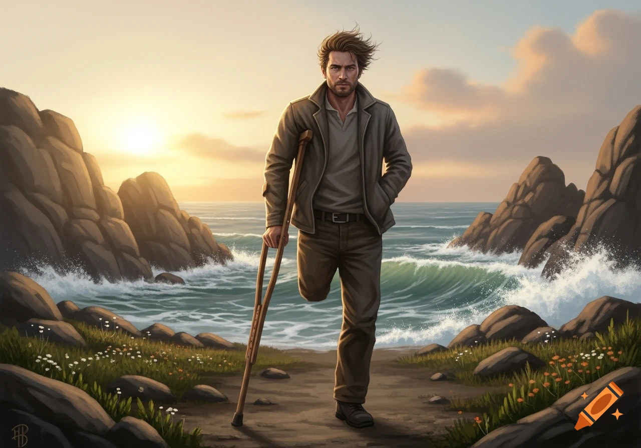 Illustrated man with an amputated leg and a crutch, standing on a rocky coast by the ocean at sunset.