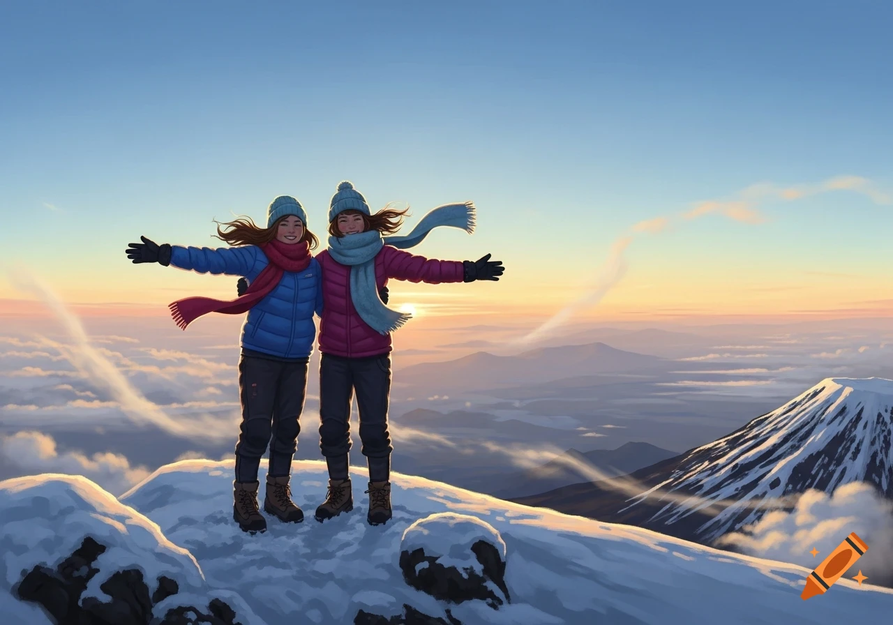 Two smiling women in winter gear, with outstretched arms, stand on a snowy mountaintop at sunset, overlooking a vast mountain range. Illustration.