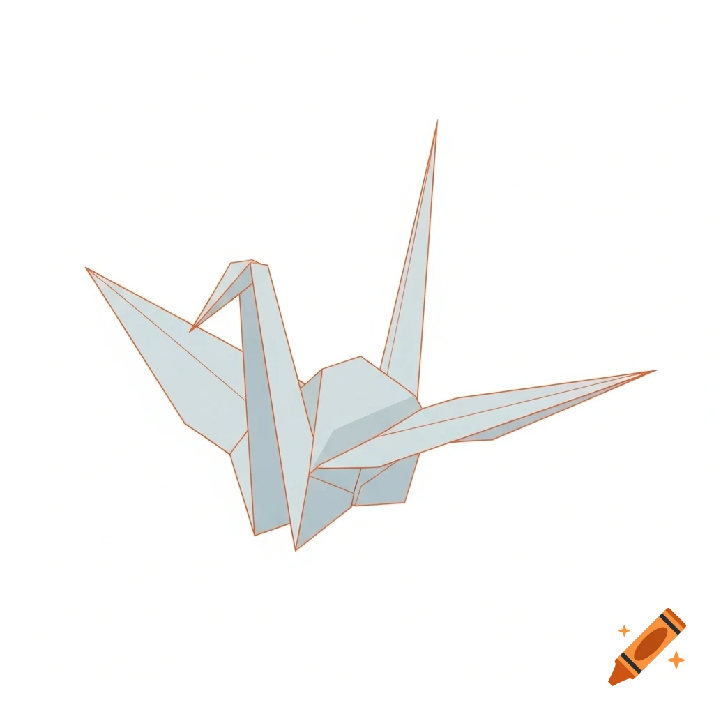 A light gray origami crane with an orange outline on a pure white background in a minimalistic style.