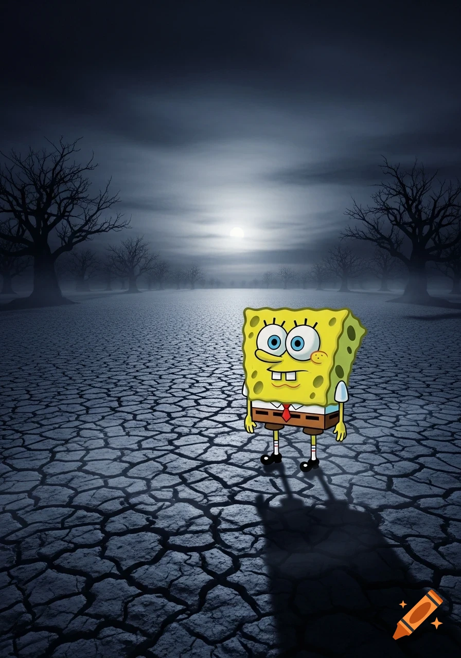 SpongeBob SquarePants stands in a dark, barren, cracked wasteland under a cloudy, moonlit sky with gnarled trees.