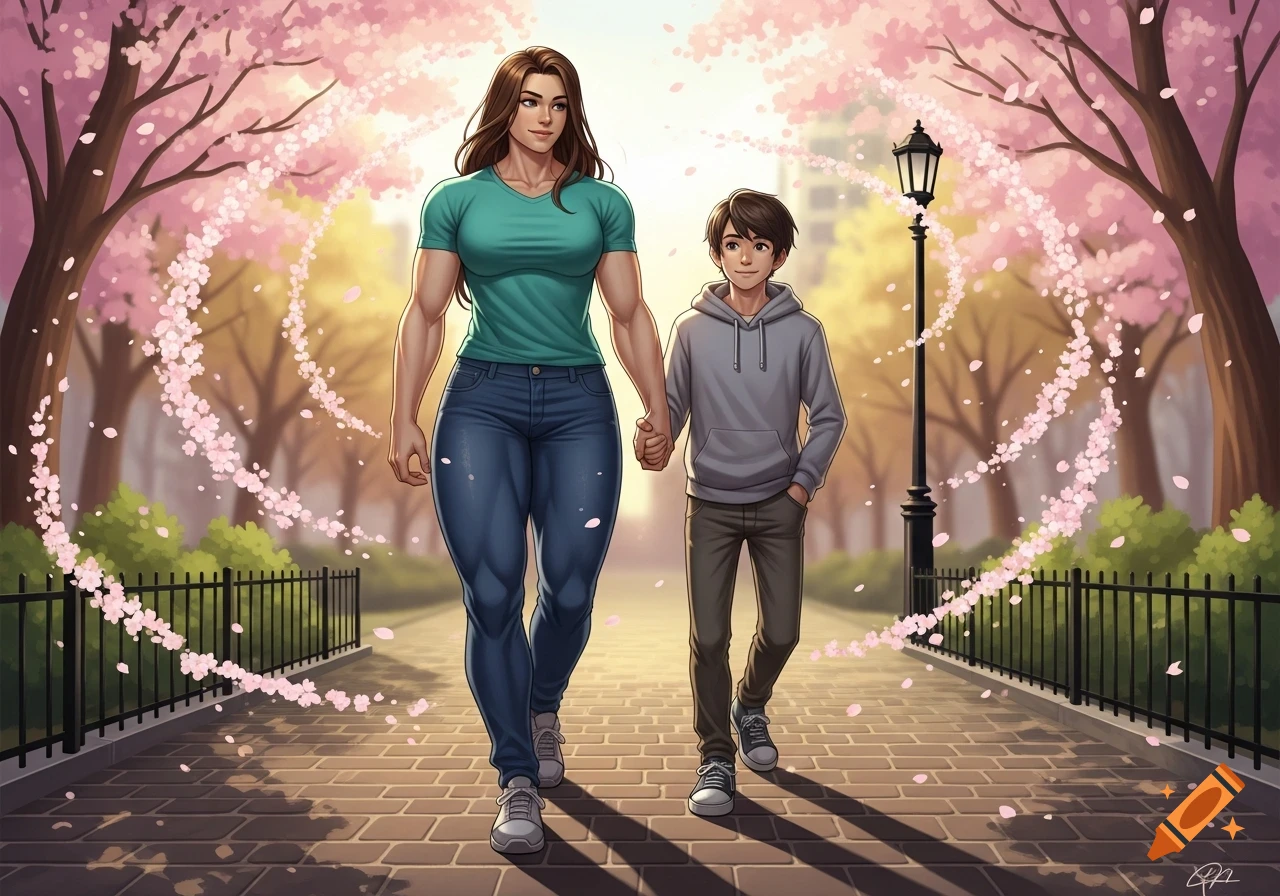 A muscular woman and a boy walk hand-in-hand down a path in a park with cherry blossoms, in an anime style.