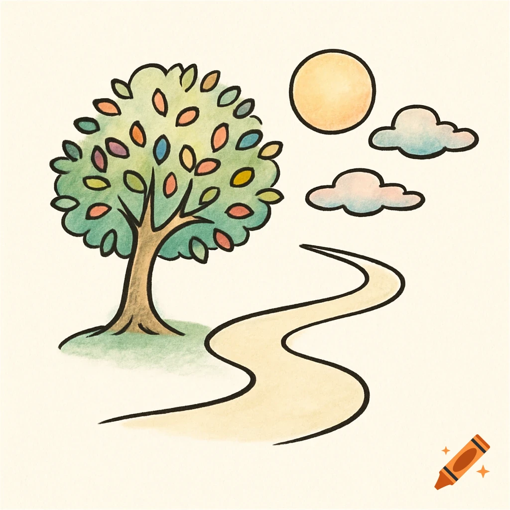Whimsical watercolor-style illustration of a tree with colorful leaves, a curving path, a pastel sun, and clouds on a light background.