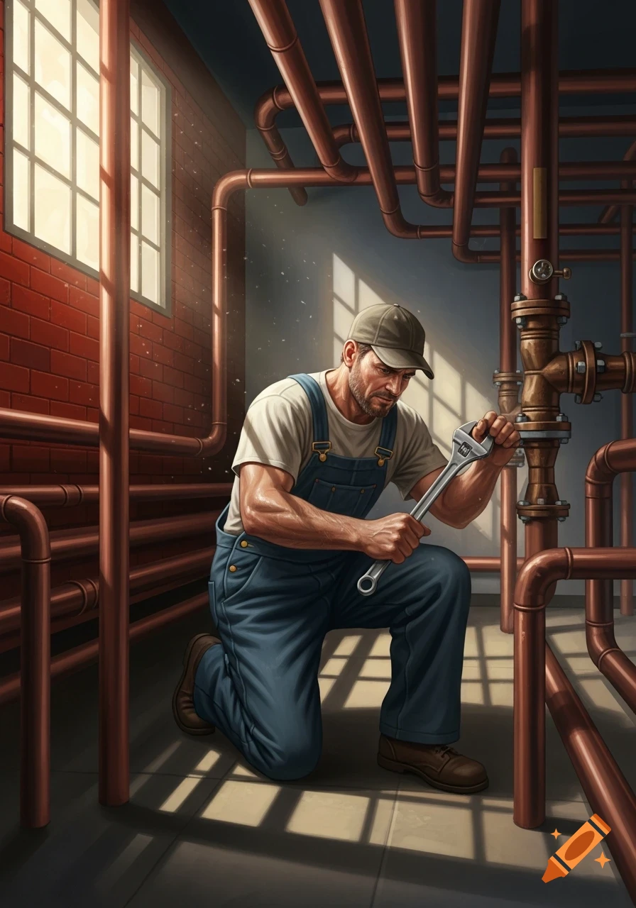A male plumber kneels, holding a wrench, examining copper pipes in a sunlit room with a brick wall, detailed illustration.