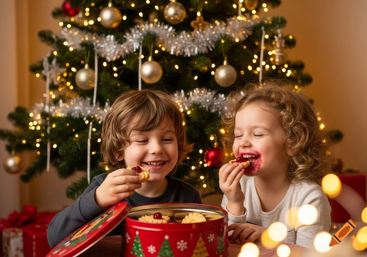 Two happy children, a boy and a girl, eat Christmas cookies with jam-smeared mouths in front of a decorated Christmas tree. Photorealistic.
